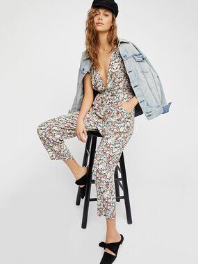 Free People Ruffle Your Feather Printed One-Piece in Navy Combo - sz Large